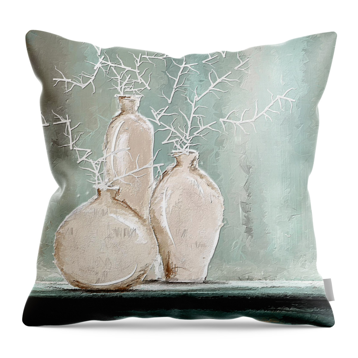 Turquoise Art Throw Pillow featuring the painting Teal And White Art by Lourry Legarde