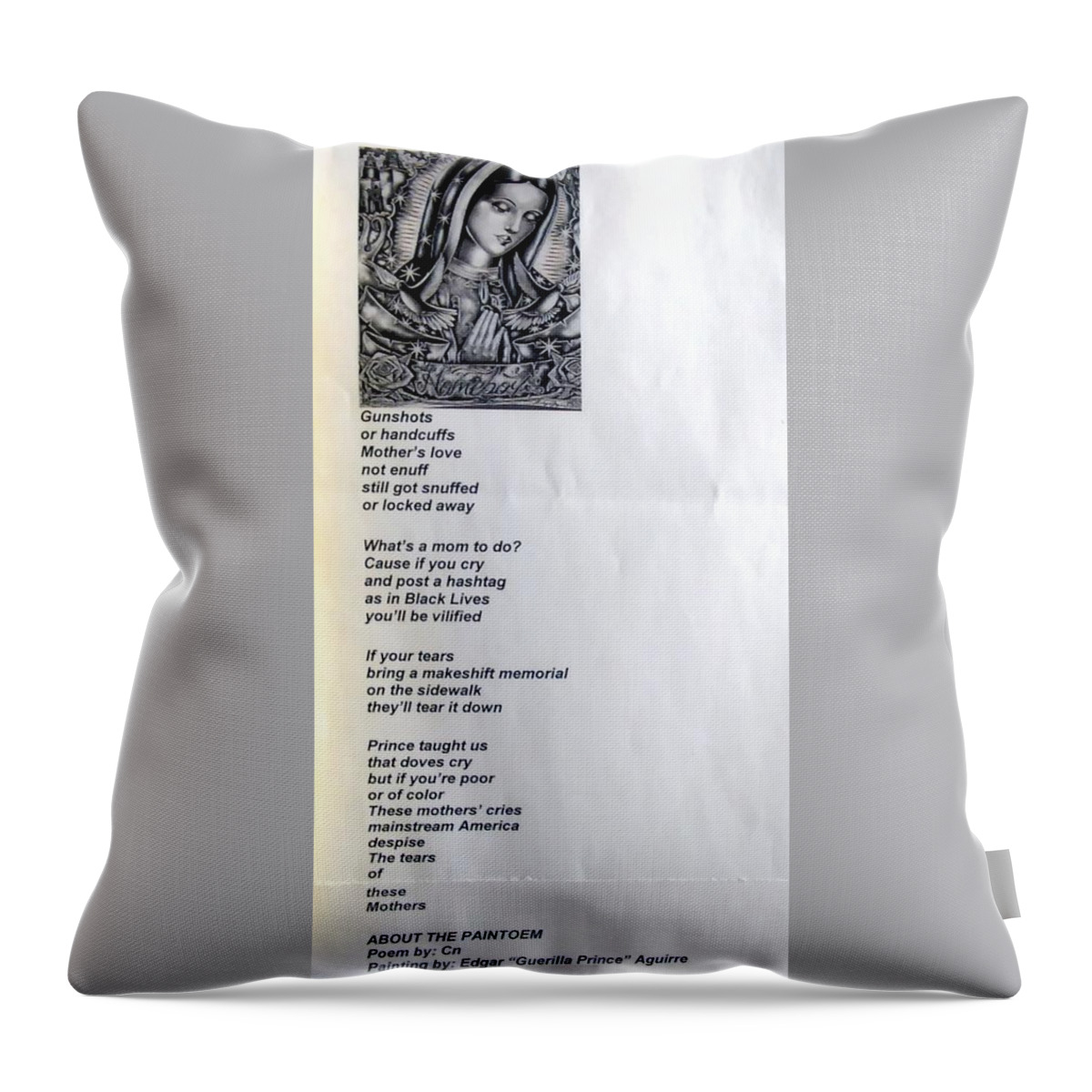 Black Art Throw Pillow featuring the drawing Tears of the Mothers Paintoem by Donald 'C-Note' Hooker and Edgar Aguirre