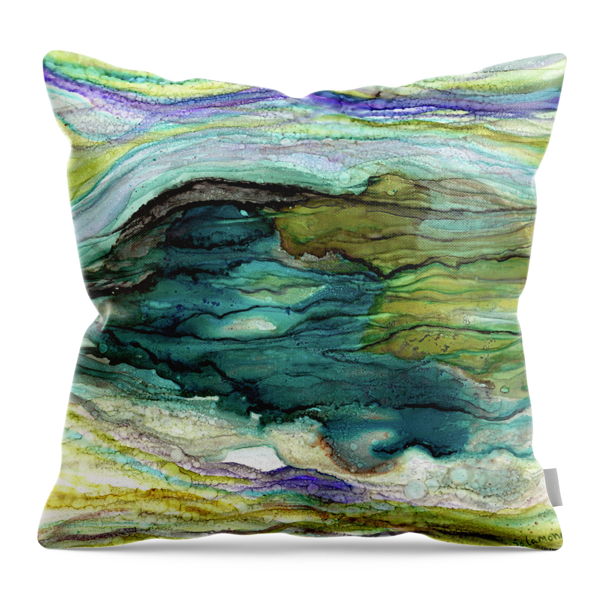 Tempest Storm Clouds Exciting Weather Purple Turquoise Green Atmospheric Mystic Abstract Throw Pillow featuring the painting Tempest by Brenda Salamone