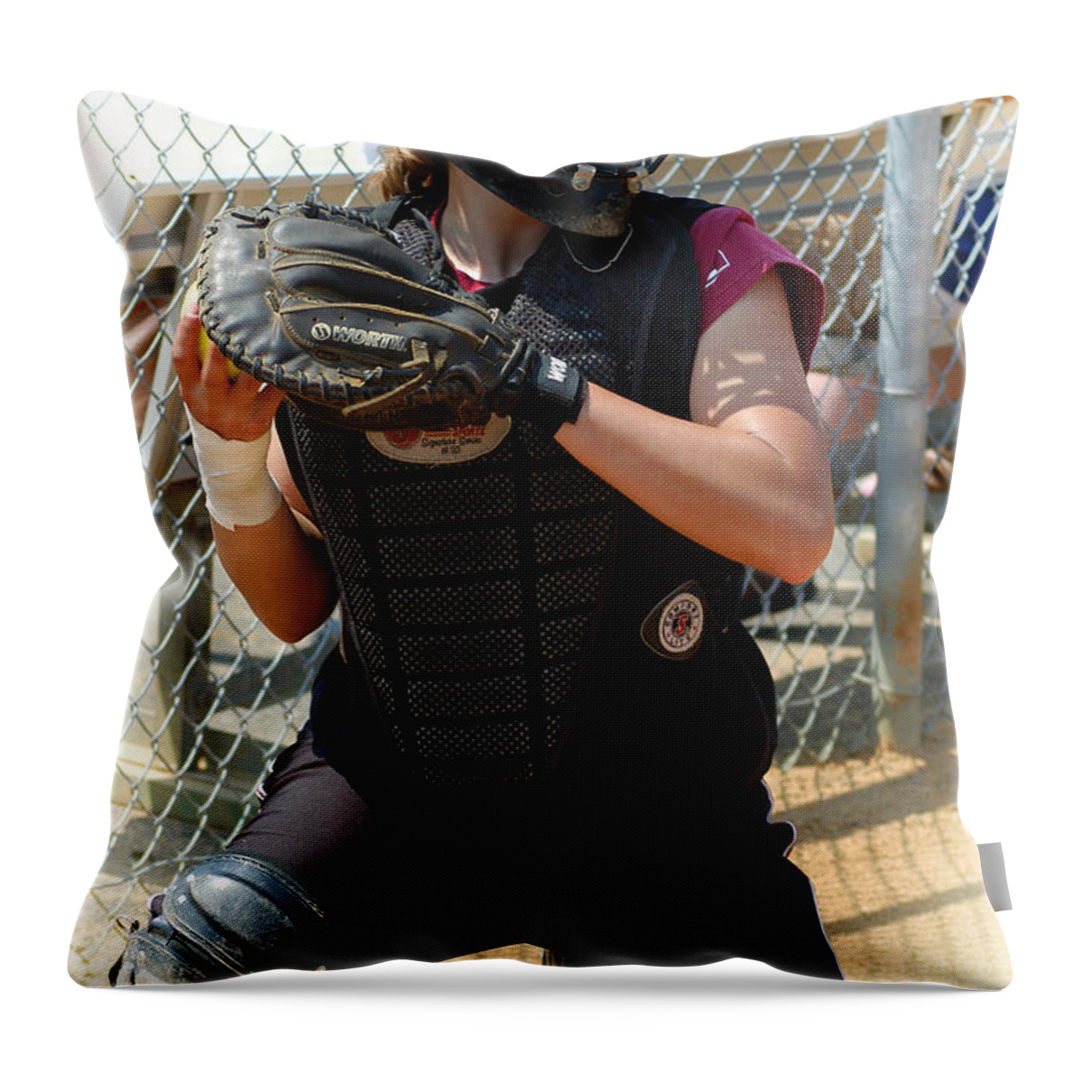 Softball Throw Pillow featuring the photograph Temple University Bullpen Catcher by Mike Martin