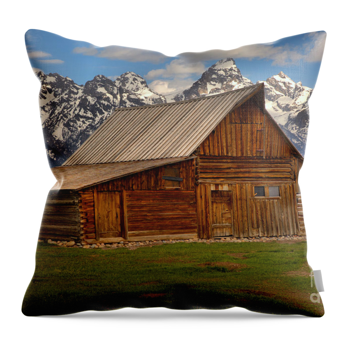 Moulton Barn Throw Pillow featuring the photograph Teton Mountain Barn by Adam Jewell