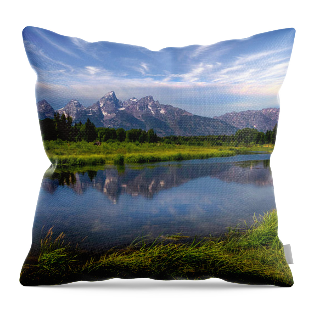 Mount Moran Throw Pillow featuring the photograph Teton Solitude Panorama by Karen Jorstad