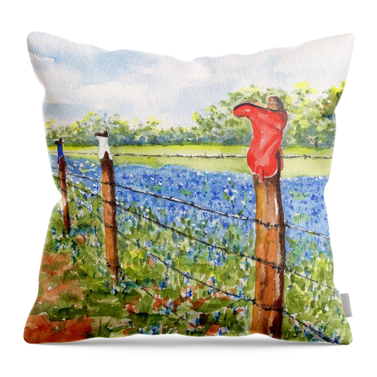 Texas Throw Pillow featuring the painting Texas Bluebonnets Boot Fence by Carlin Blahnik CarlinArtWatercolor