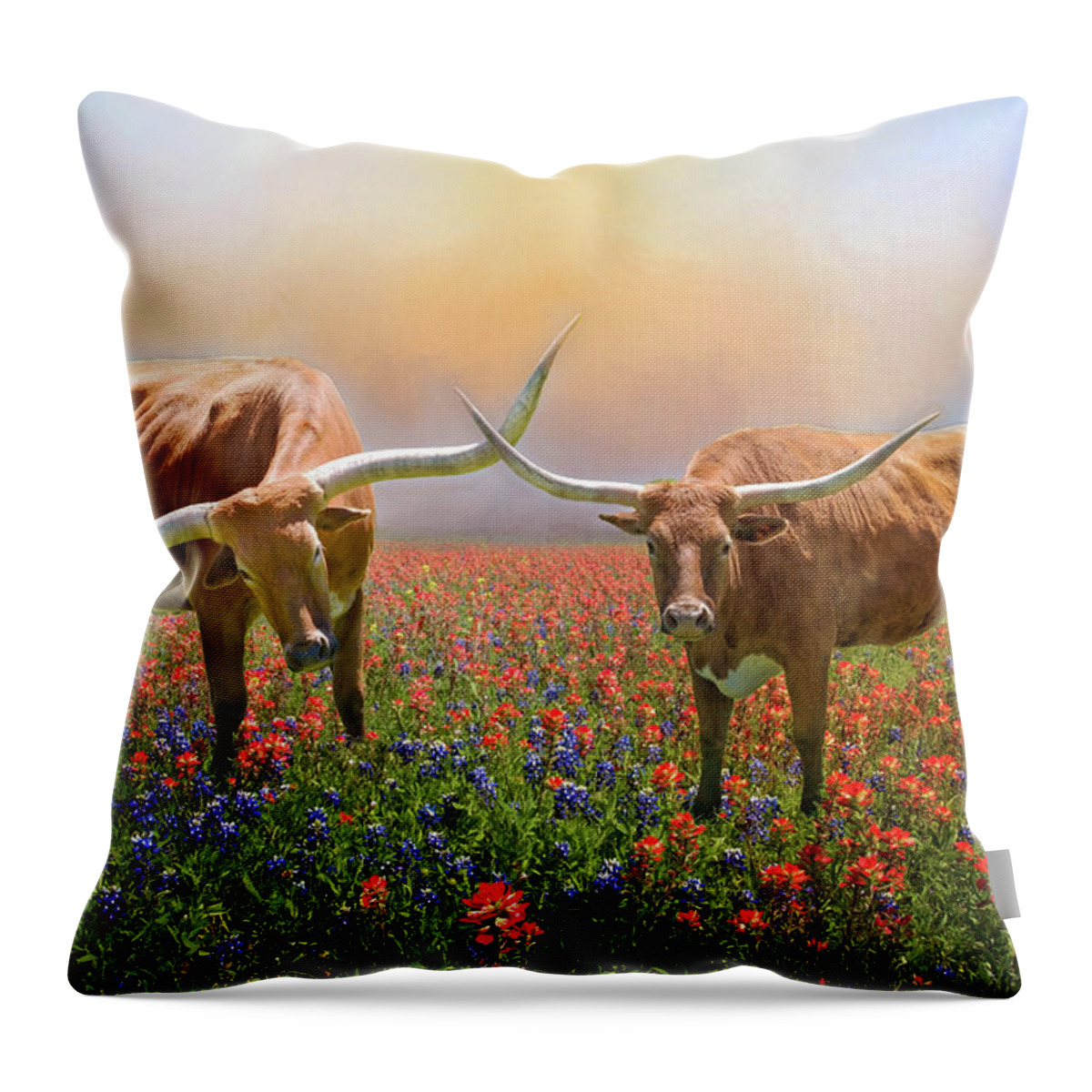 Texas Longhorns Throw Pillow featuring the photograph Texas Longhorns in Spring Wildflowers by Lynn Bauer