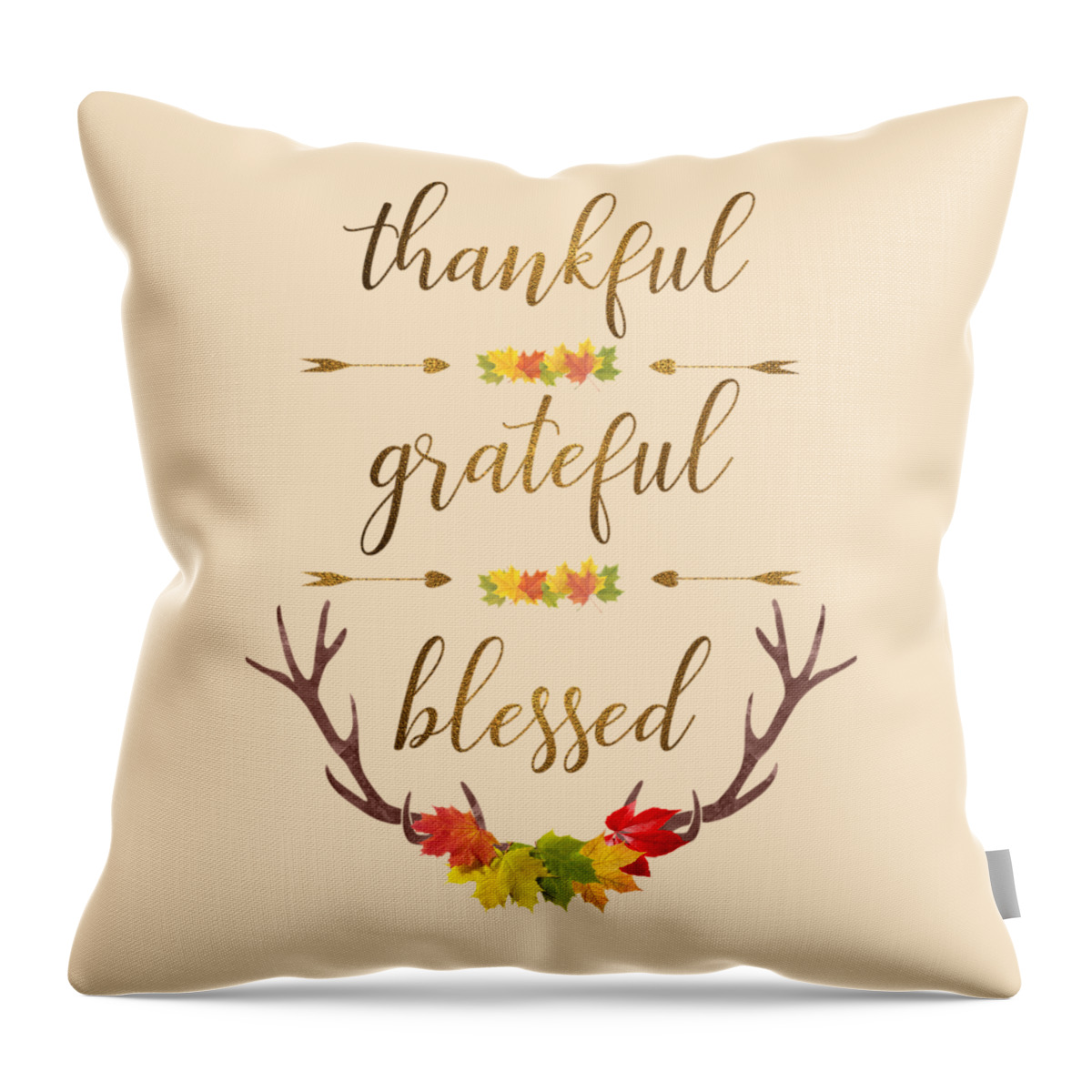 Thankful Throw Pillow featuring the digital art Thankful grateful blessed Fall Leaves Antlers by Georgeta Blanaru