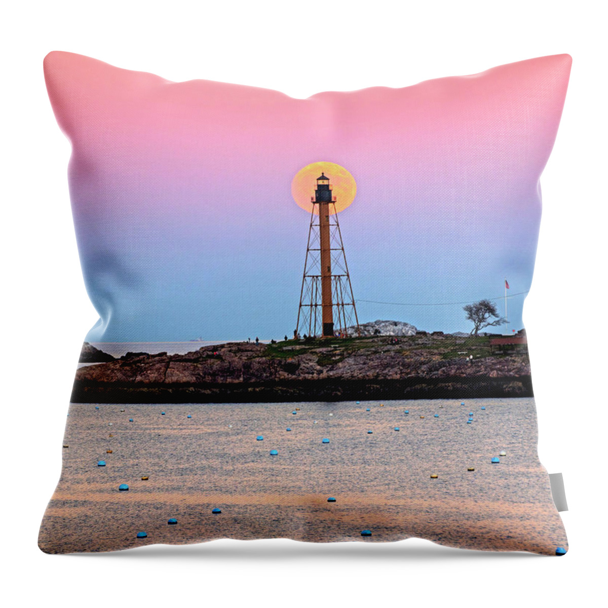 Marblehead Throw Pillow featuring the photograph The 2016 Supermoon balancing on the Marblehead Light Tower in Marblehead MA Harbor by Toby McGuire