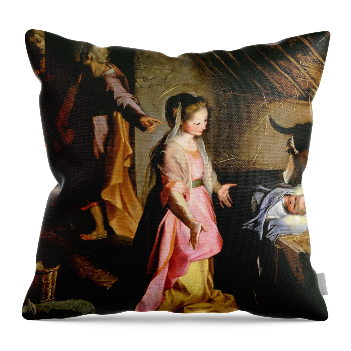 Nativity Throw Pillow featuring the painting The Adoration of the Child by Federico Fiori Barocci or Baroccio