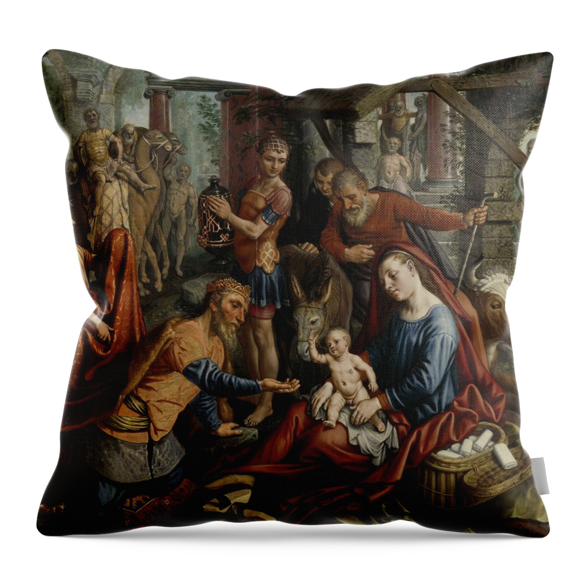  Throw Pillow featuring the painting The Adoration of the Magi, 1560 by Vincent Monozlay