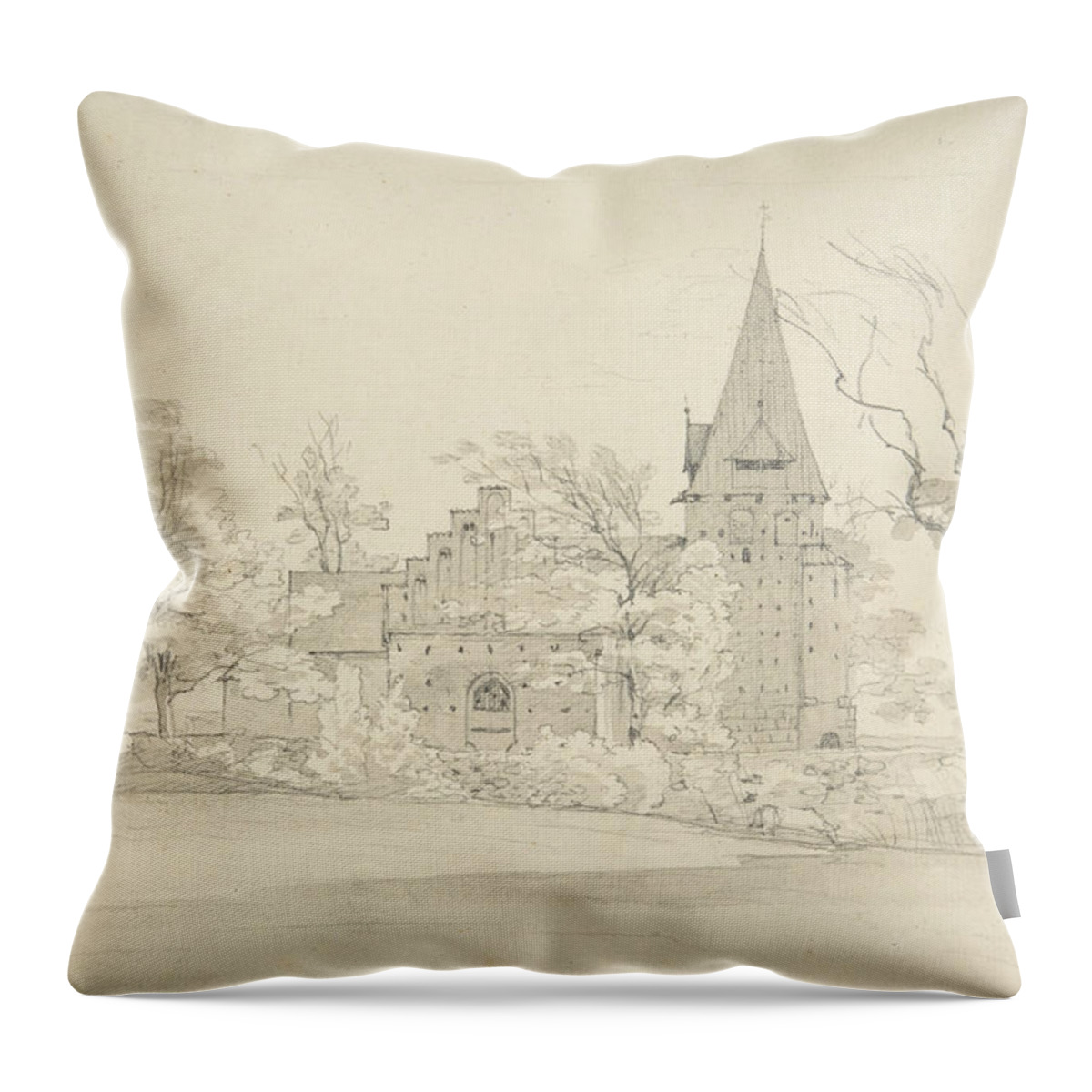 Norwegian Painters Throw Pillow featuring the drawing The Aller Church in Sonderjyllands Amt by Johan Christian Dahl