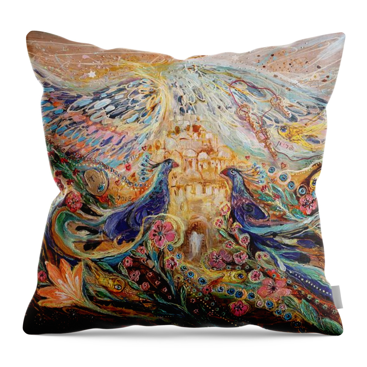 Modern Jewish Art Throw Pillow featuring the painting The Angel Wings #3 Spirit of Jerusalem by Elena Kotliarker