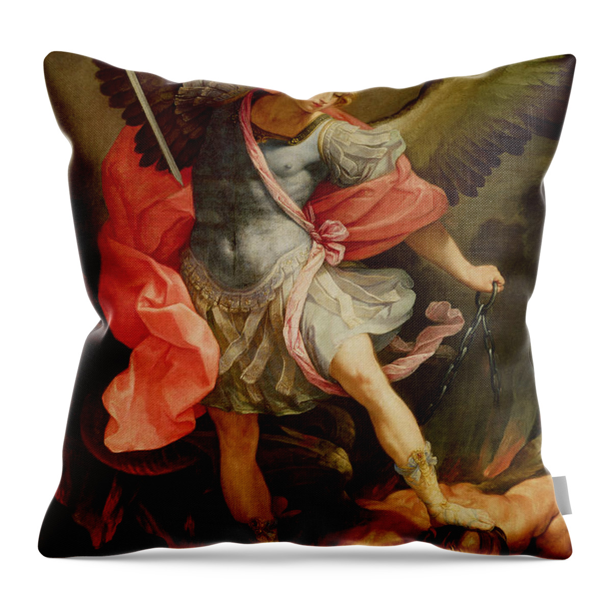 The Throw Pillow featuring the painting The Archangel Michael defeating Satan by Guido Reni