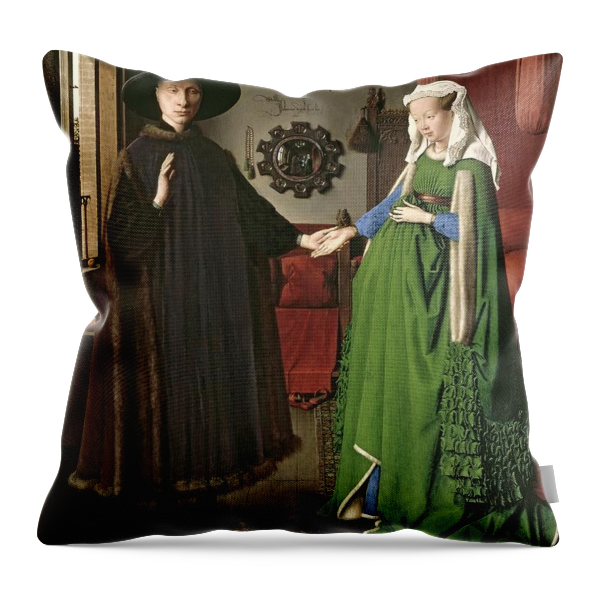 Jan Van Eyck Throw Pillow featuring the painting The Arnolfini Marriage by Jan van Eyck