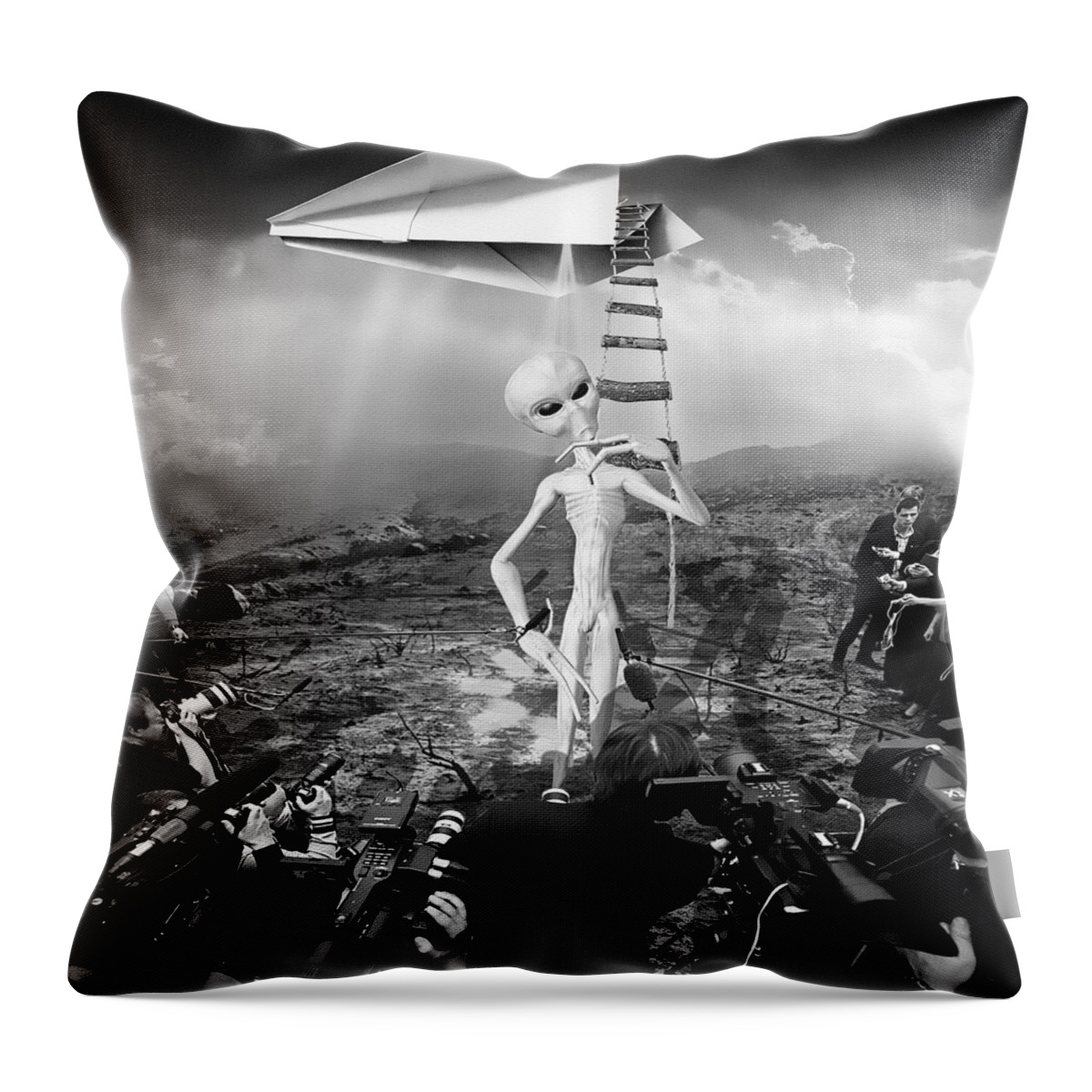 Marian Voicu Throw Pillow featuring the digital art The Arrival Black and White by Marian Voicu