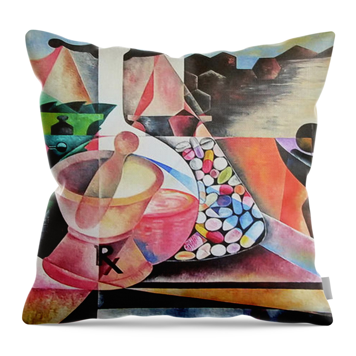 The Art Of Pharmacy Throw Pillow featuring the painting The Art of Pharmacy by Obi-Tabot Tabe