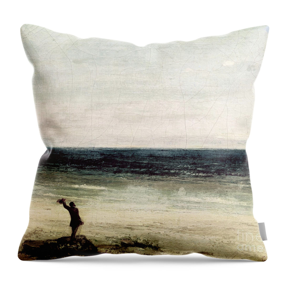 The Throw Pillow featuring the painting The Artist on the Seashore at Palavas by Gustave Courbet