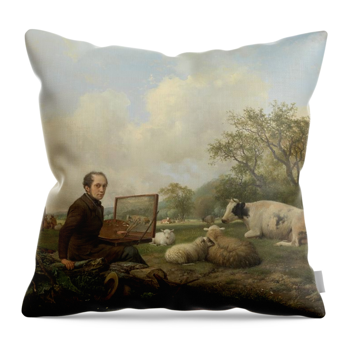 Agriculture Throw Pillow featuring the painting The Artist Painting A Cow In A Meadow, 1850 by Hendrikus Van De Sande Bakhuyzen