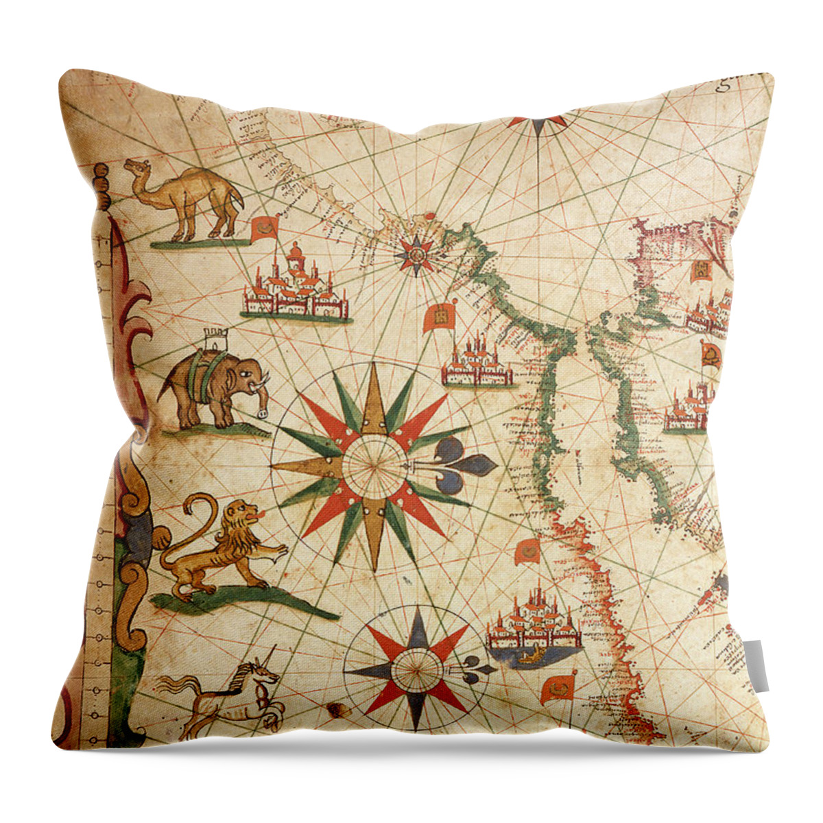 Unicorn Throw Pillow featuring the drawing The Atlantic coasts of Europe and the Western Mediterranean, from a nautical atlas, 1651 by Pietro Giovanni Prunes