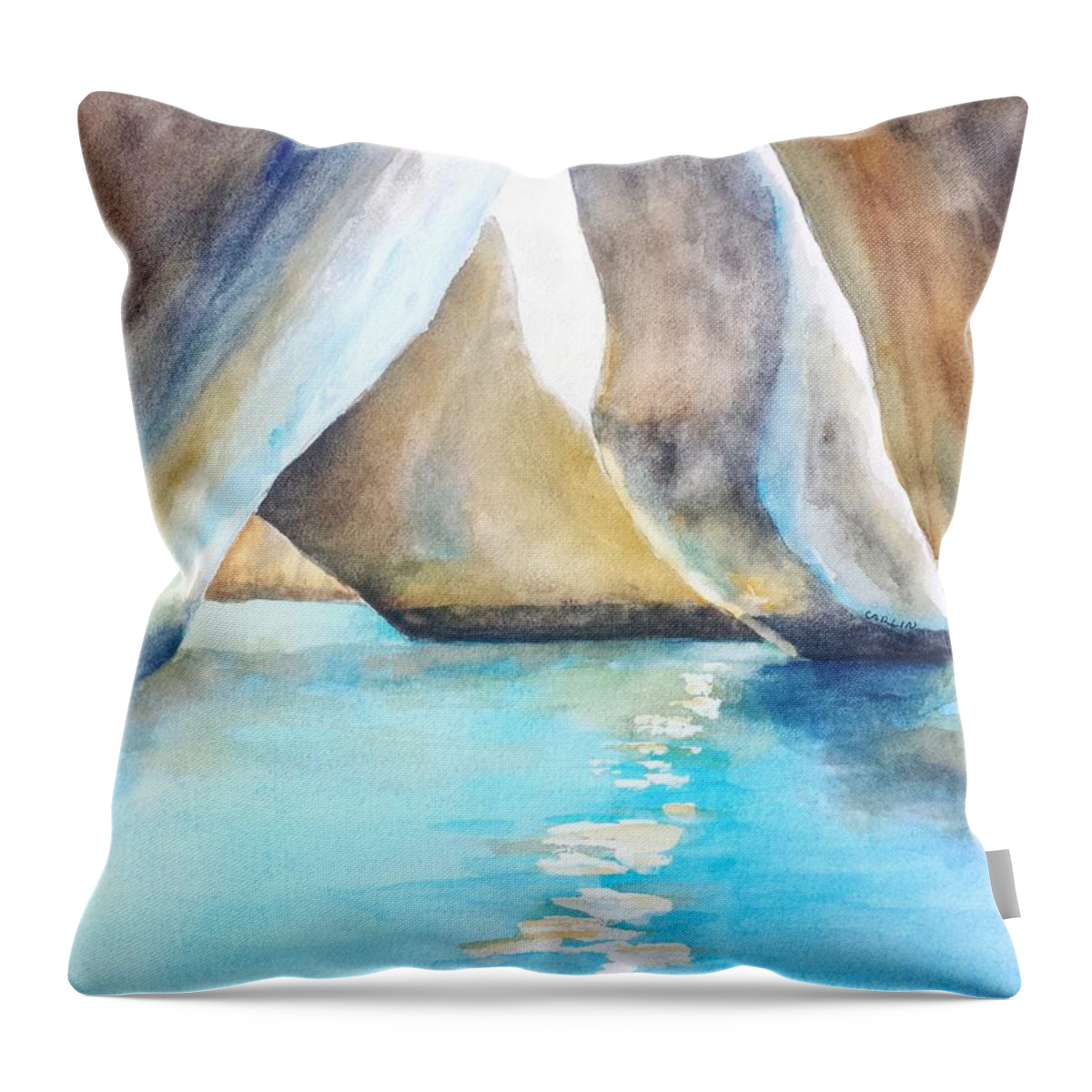 The Bath's Throw Pillow featuring the painting The Baths Water Cave Path by Carlin Blahnik CarlinArtWatercolor