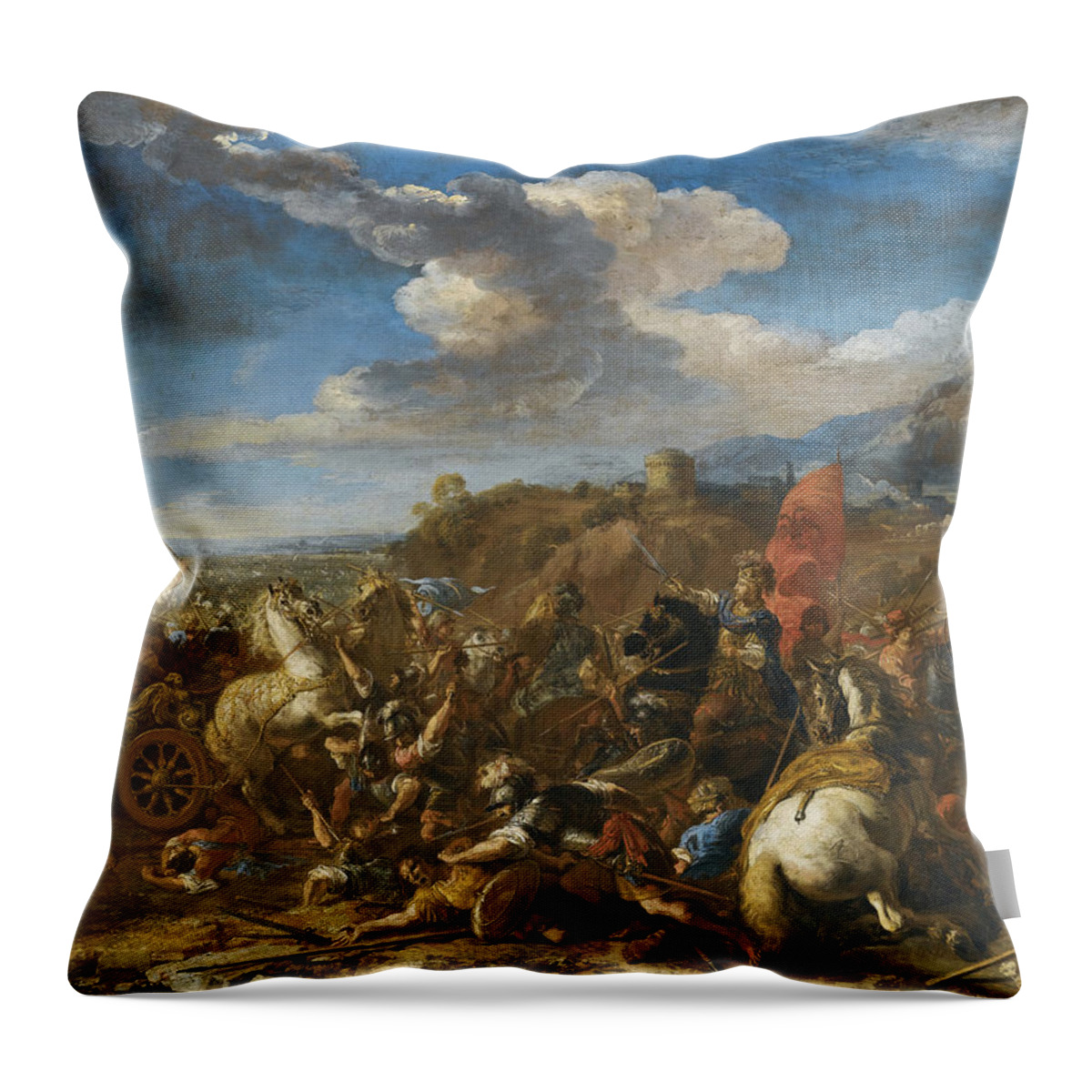 Jacques Courtois Throw Pillow featuring the painting The Battle of Issus. Alexander the Great's Army defeats Darius and the Persians by Jacques Courtois
