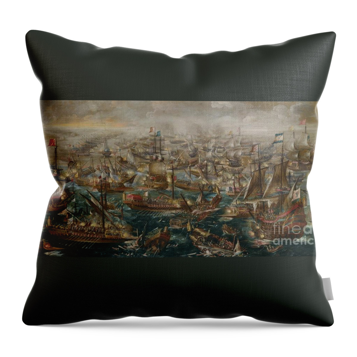 The Battle Of Lepanto Andries Van Eertvelt. Sea Throw Pillow featuring the painting The Battle Of Lepanto Andries by MotionAge Designs