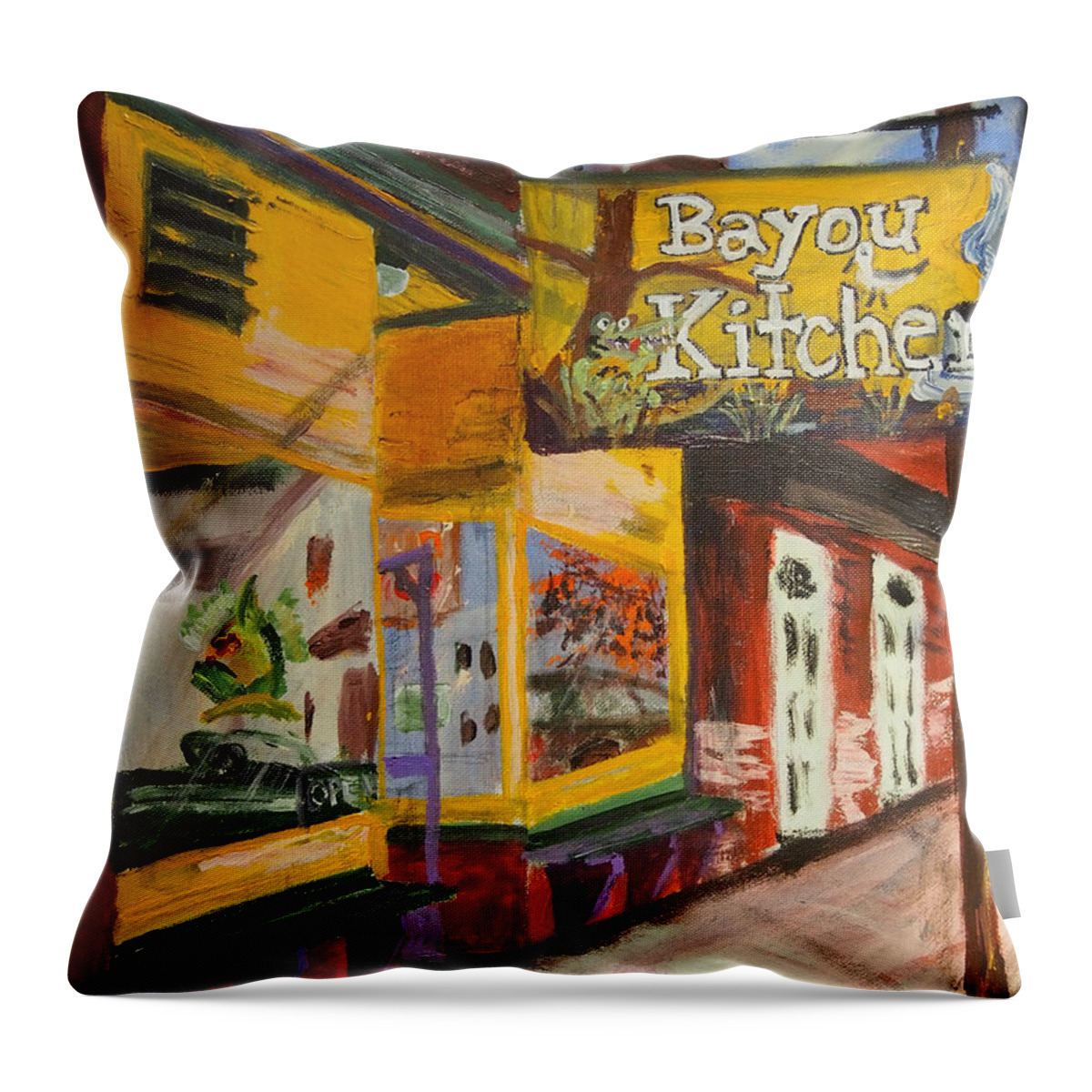 #americana #shopfronts #portland Throw Pillow featuring the painting The Bayou Kitchen by Francois Lamothe