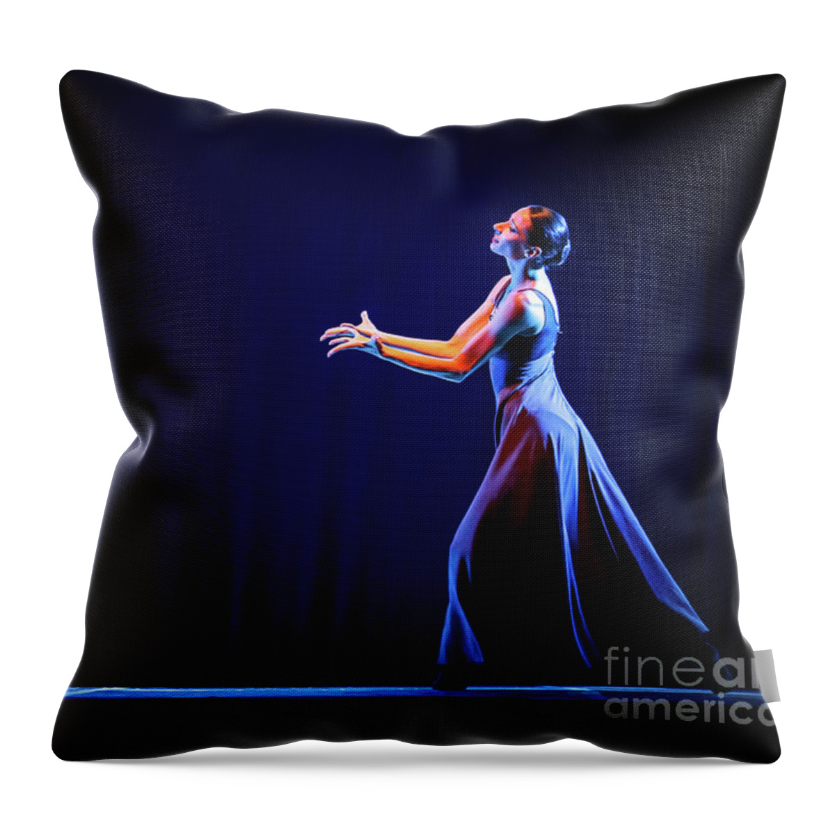 Ballet Throw Pillow featuring the photograph The beautiful ballerina dancing in blue long dress by Dimitar Hristov