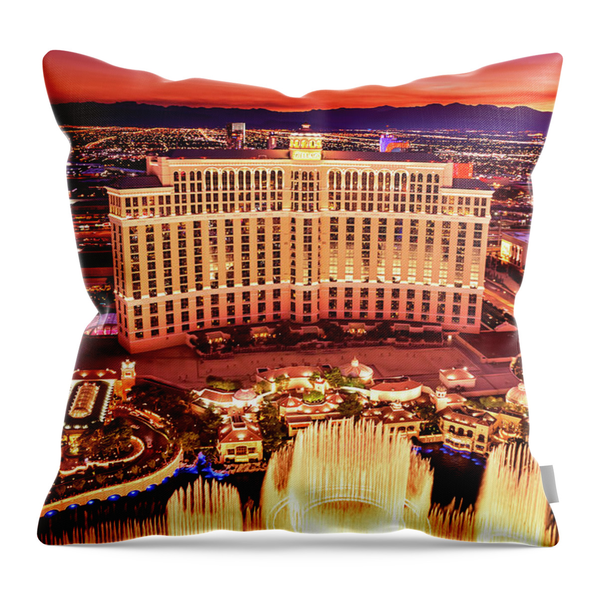 Bellagio Throw Pillow featuring the photograph The Bellagio Fountains after Sunset Portrait by Aloha Art