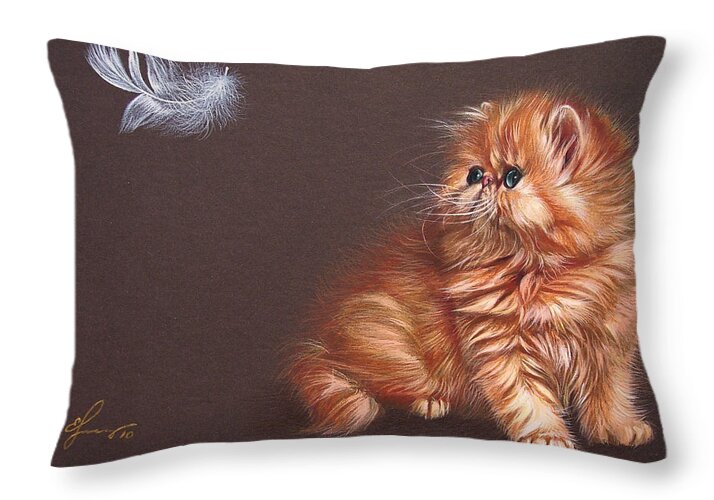 Cat Throw Pillow featuring the drawing The bird lover by Elena Kolotusha