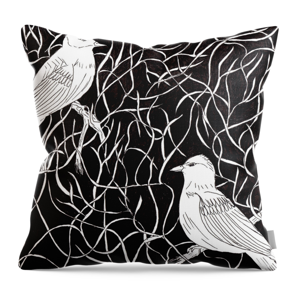 Bird Throw Pillow featuring the drawing The Birds by Lou Belcher