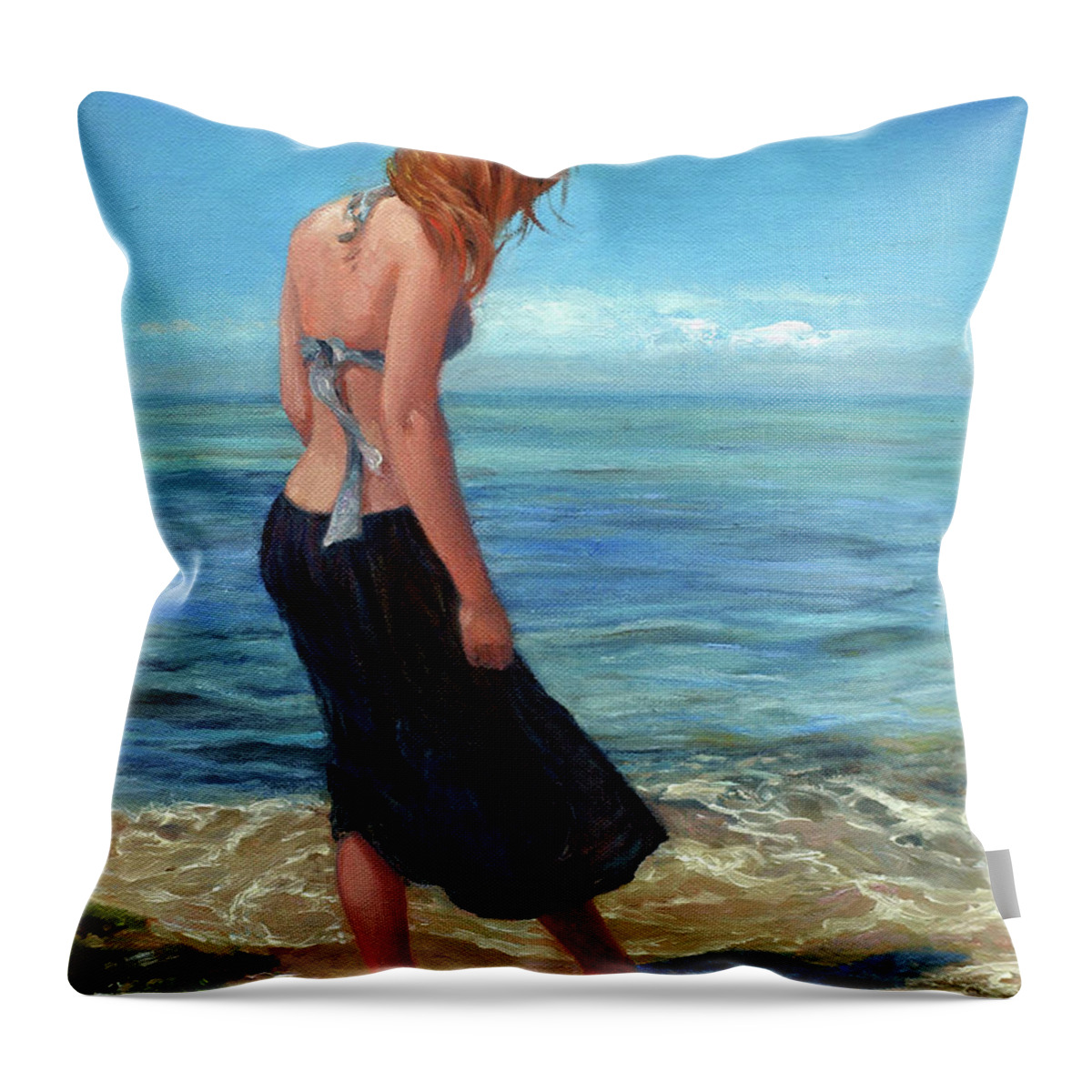 Young Woman In Surf Throw Pillow featuring the painting The Black Skirt by Marie Witte