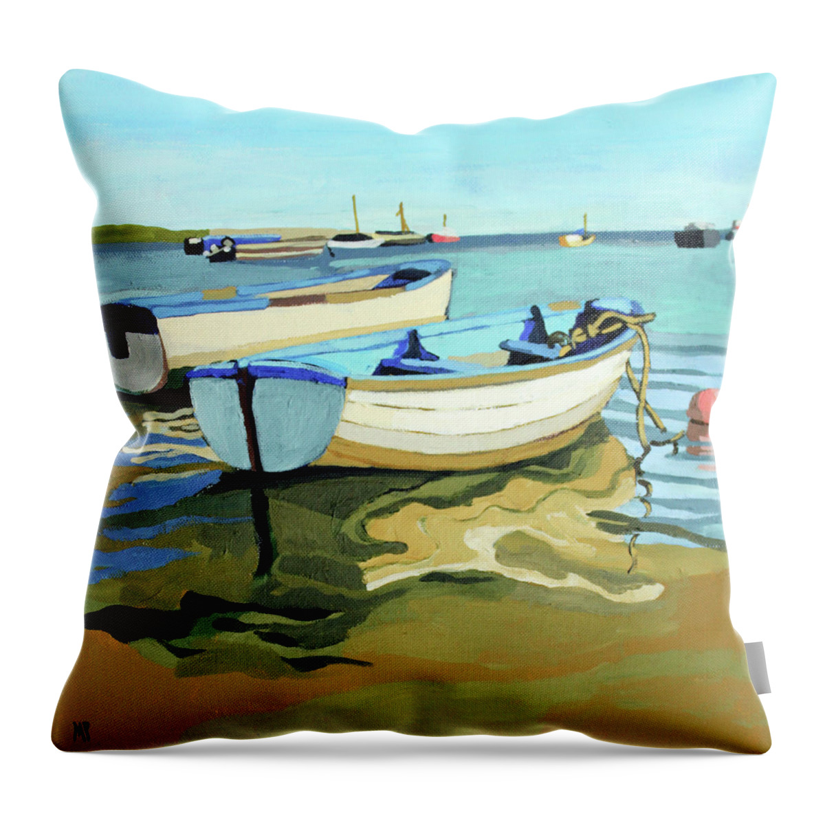 Boats Throw Pillow featuring the painting The Blue Boats by Melinda Patrick