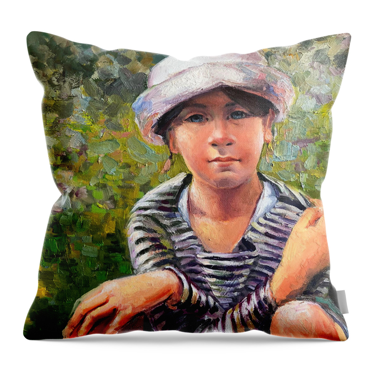 Portrait Throw Pillow featuring the painting The Blue-eyed Little Girl by Vali Irina Ciobanu