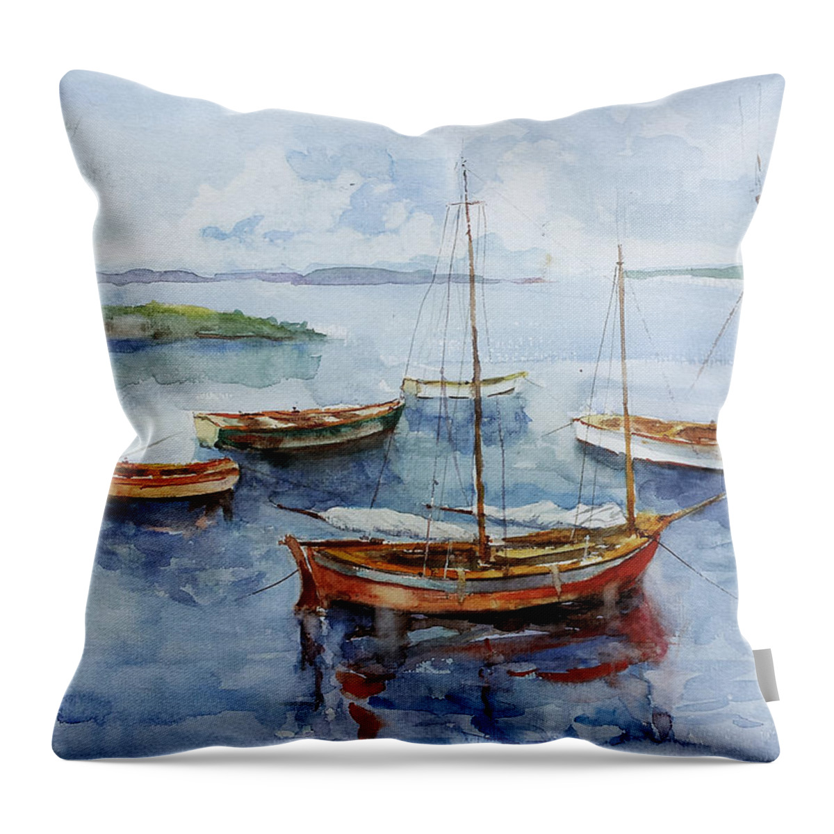 Bay Throw Pillow featuring the painting The Boats On A Calm Bay by Faruk Koksal