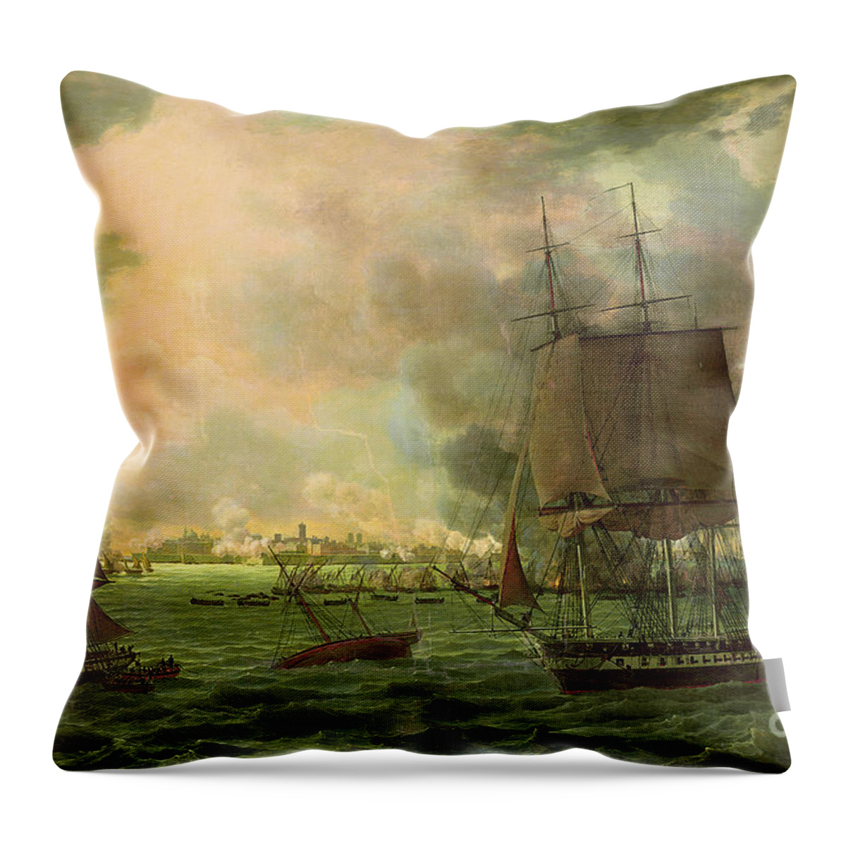 The Throw Pillow featuring the painting The Bombing of Cadiz by the French by Louis Philippe Crepin