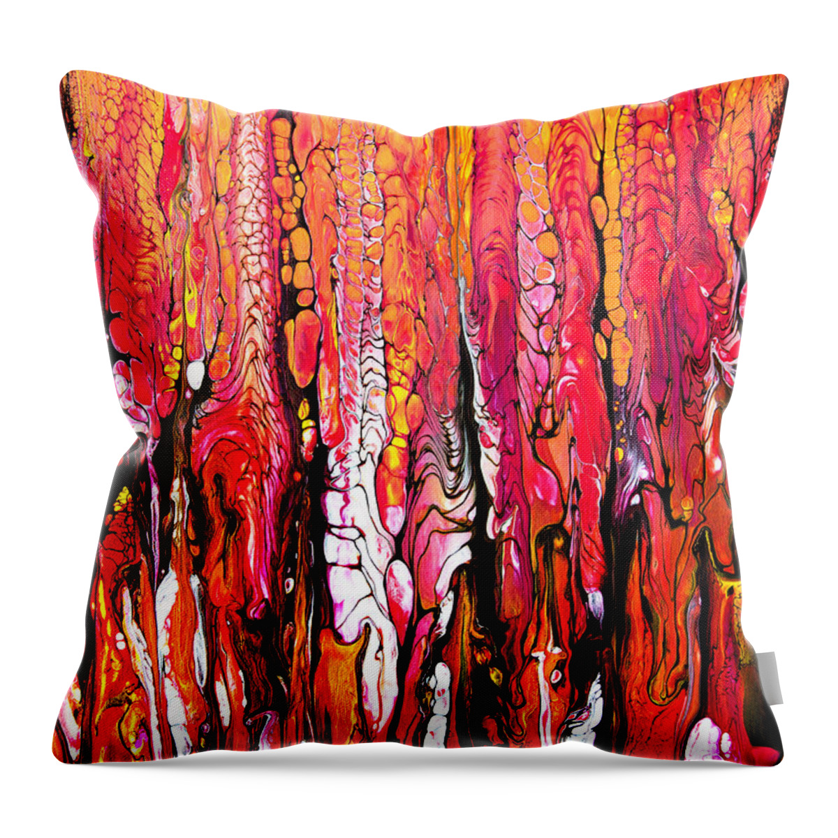Fire Drama Compelling Vibrant Colorful Natural Abstract Hot Organic Red Orange Throw Pillow featuring the painting The Bonfire #2676 by Priscilla Batzell Expressionist Art Studio Gallery