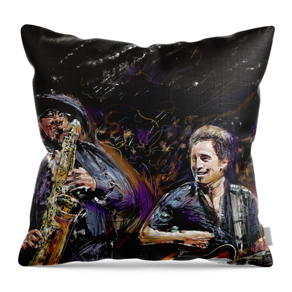 Bruce Springsteen Throw Pillow featuring the mixed media The Boss and the Big Man by Russell Pierce