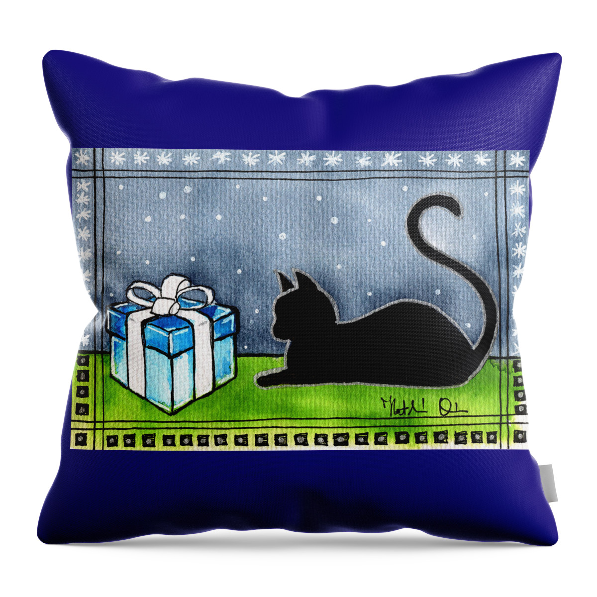 The Box Is Mine Throw Pillow featuring the painting The Box Is Mine - Christmas Cat by Dora Hathazi Mendes