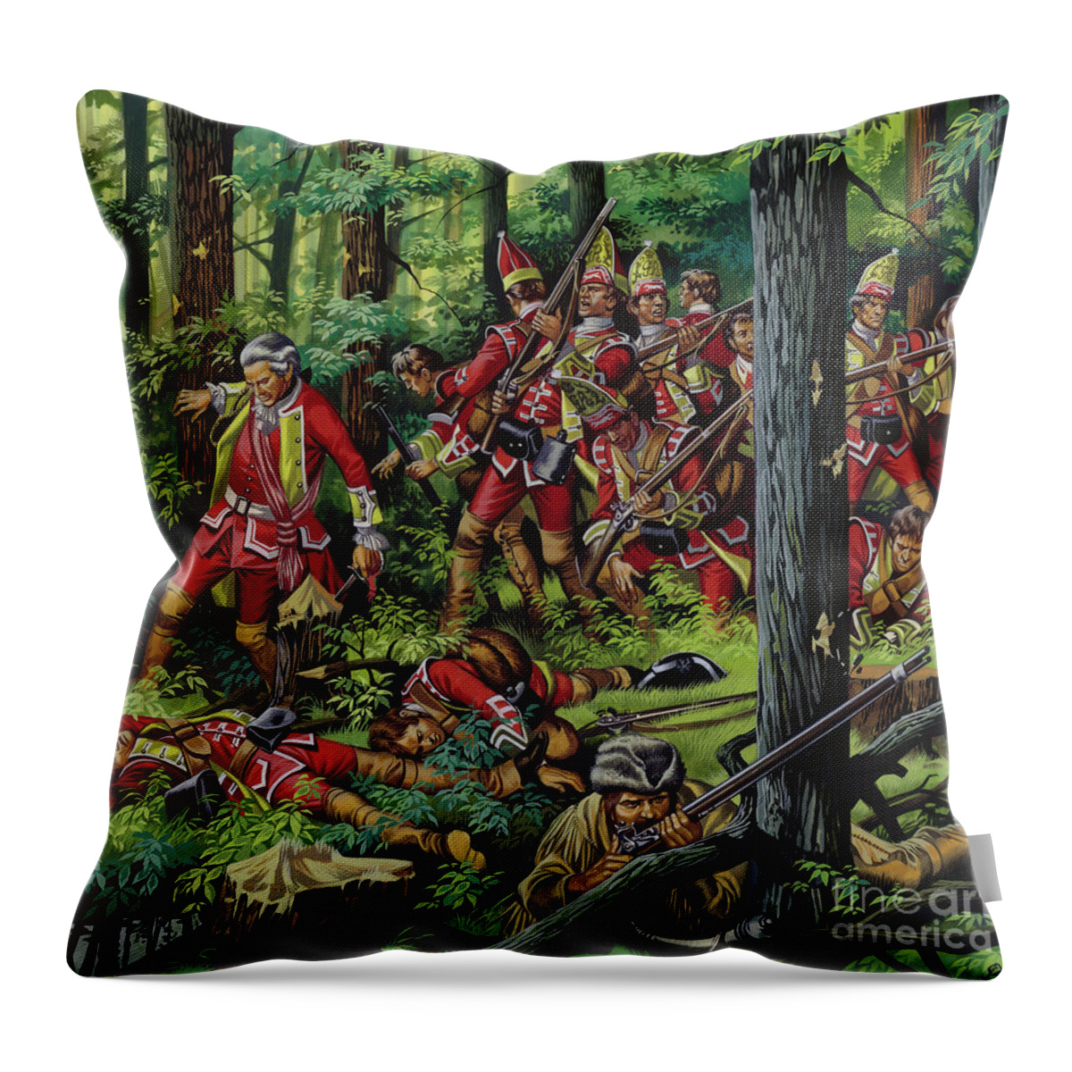 Braddock Expedition Throw Pillow featuring the painting The Braddock Massacre by Ron Embleton