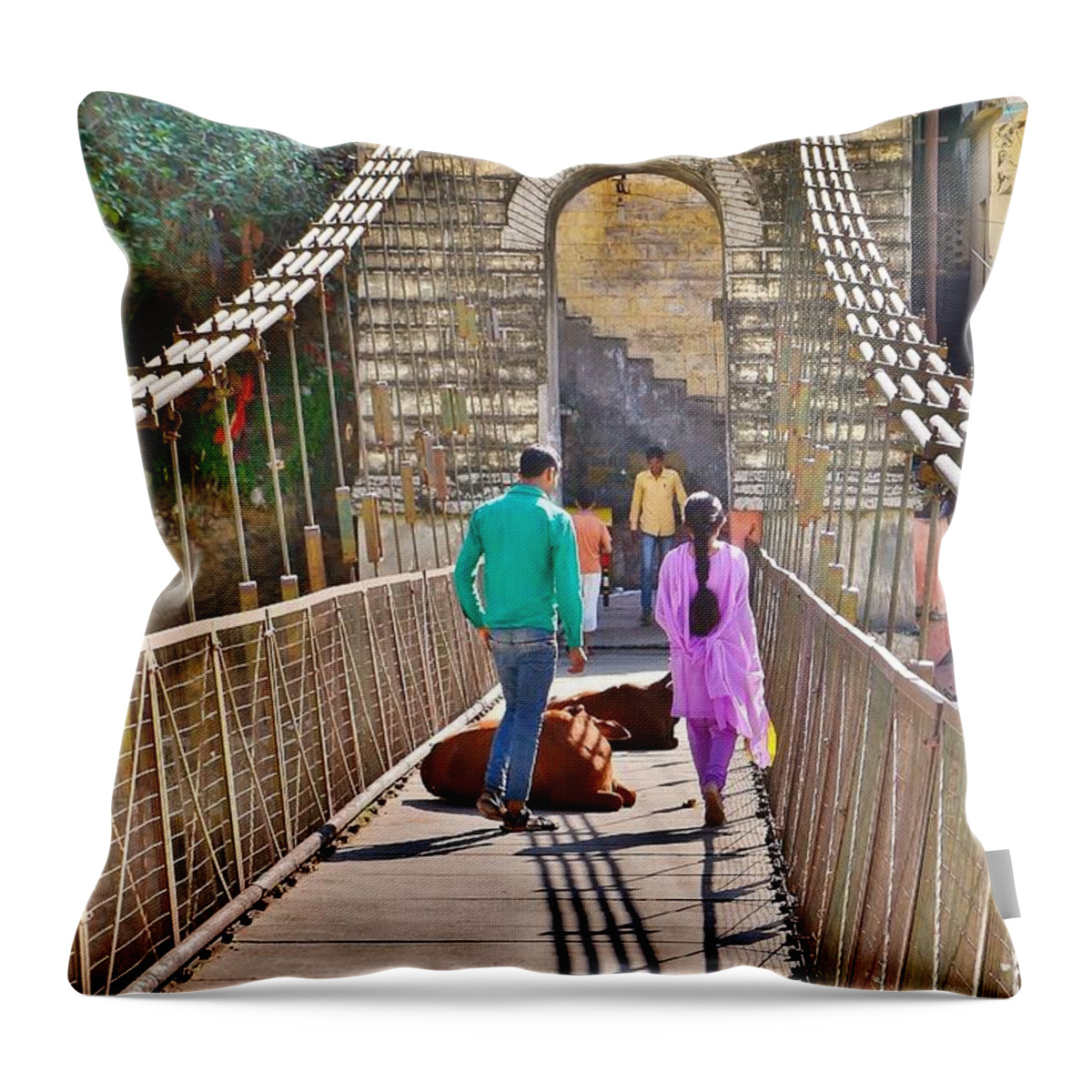 Bridge Throw Pillow featuring the photograph The Bridge at Deoprayag India by Kim Bemis