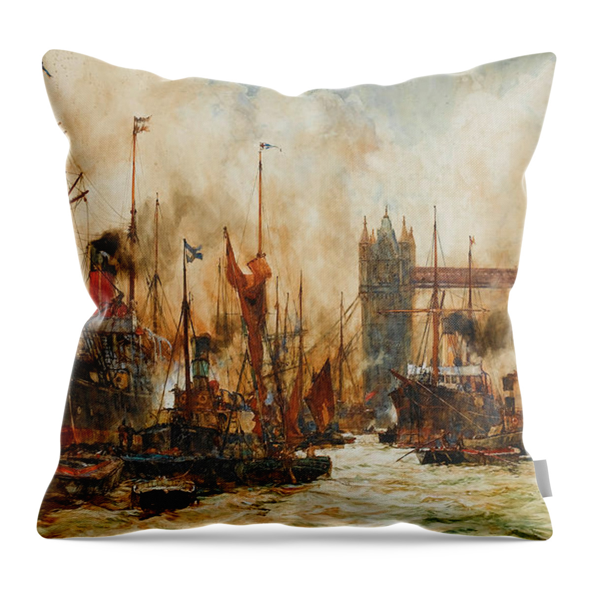 Suspension Bridge Throw Pillow featuring the painting The bustling river below Tower Bridge by Charles Edward Dixon