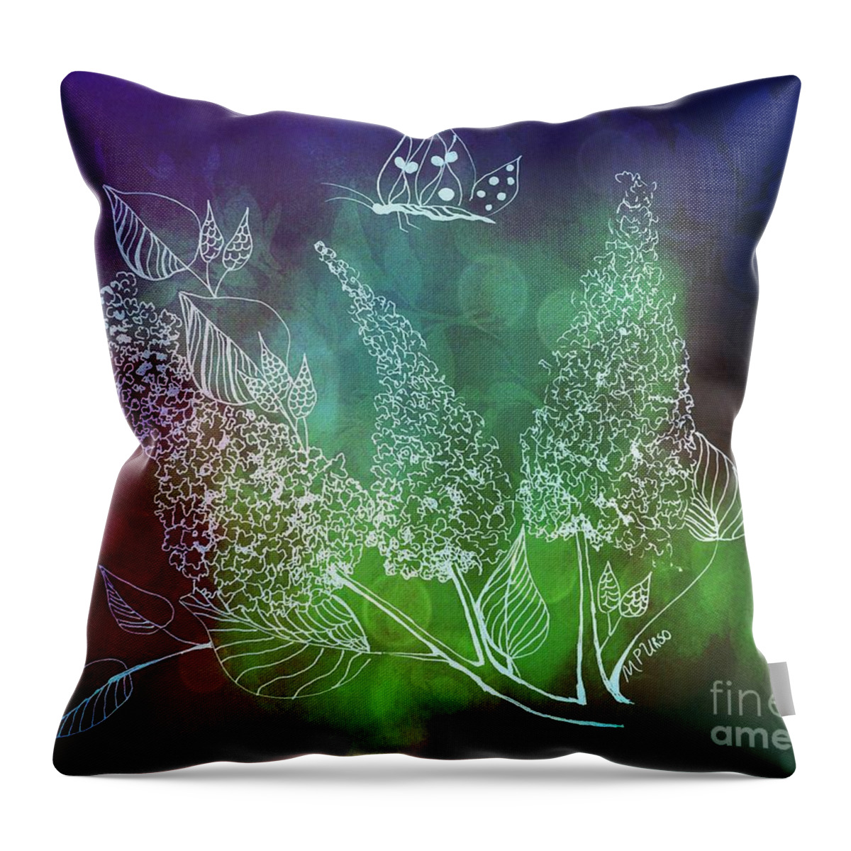 The Butterfly Bush Throw Pillow featuring the mixed media The Butterfly Bush by Maria Urso
