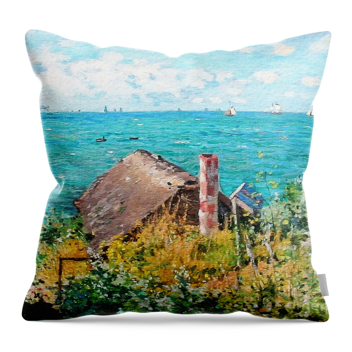 Claude Monet Throw Pillow featuring the painting The Cabin At Saint-Adresse by Claude Monet