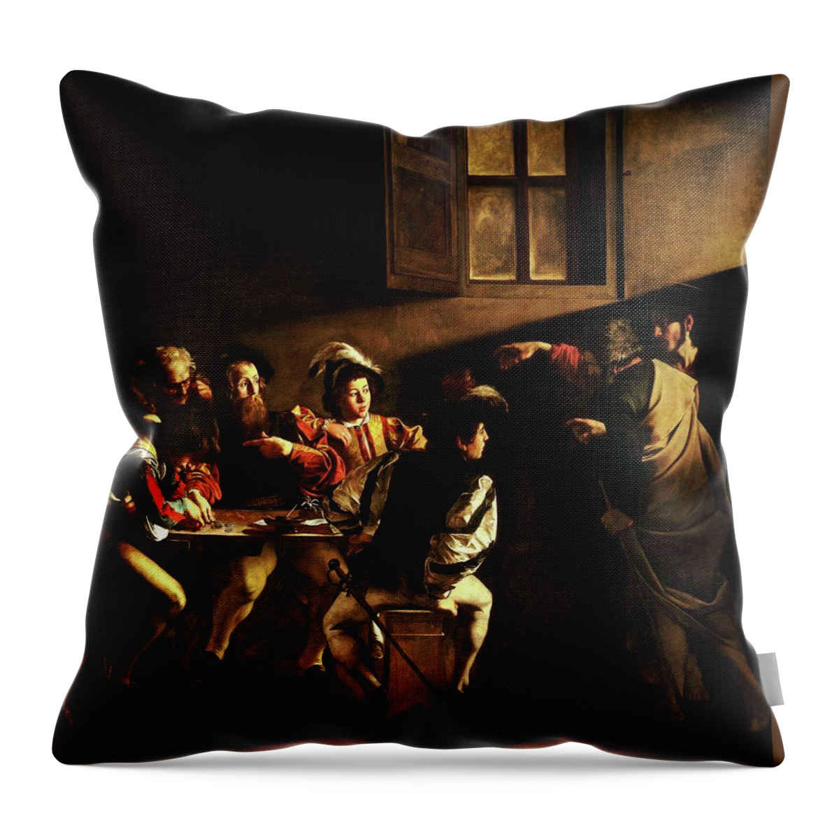 Calling Throw Pillow featuring the painting The Calling of St. Matthew by Michelangelo Caravaggio