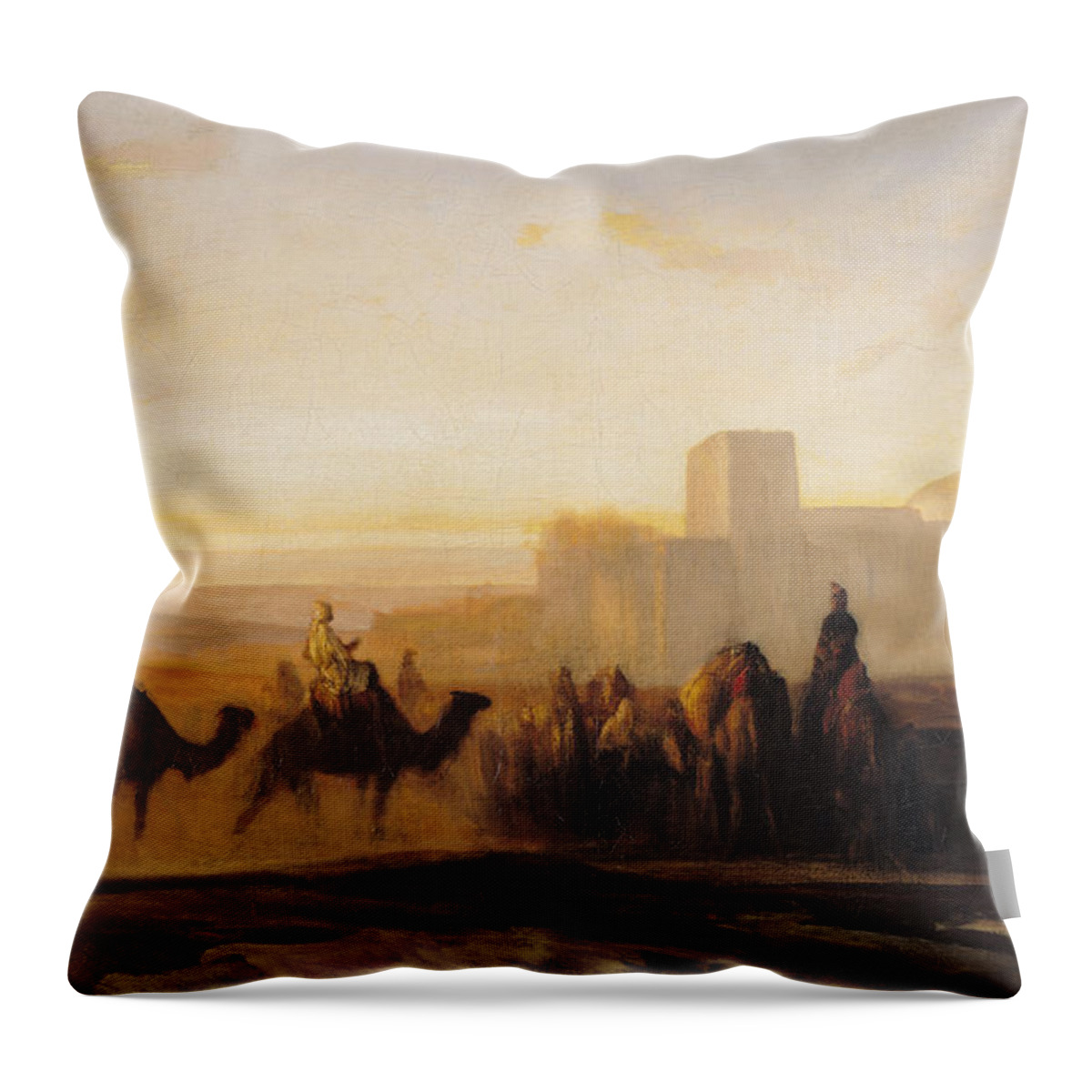 The Throw Pillow featuring the painting The Caravan by Alexandre Gabriel Decamps