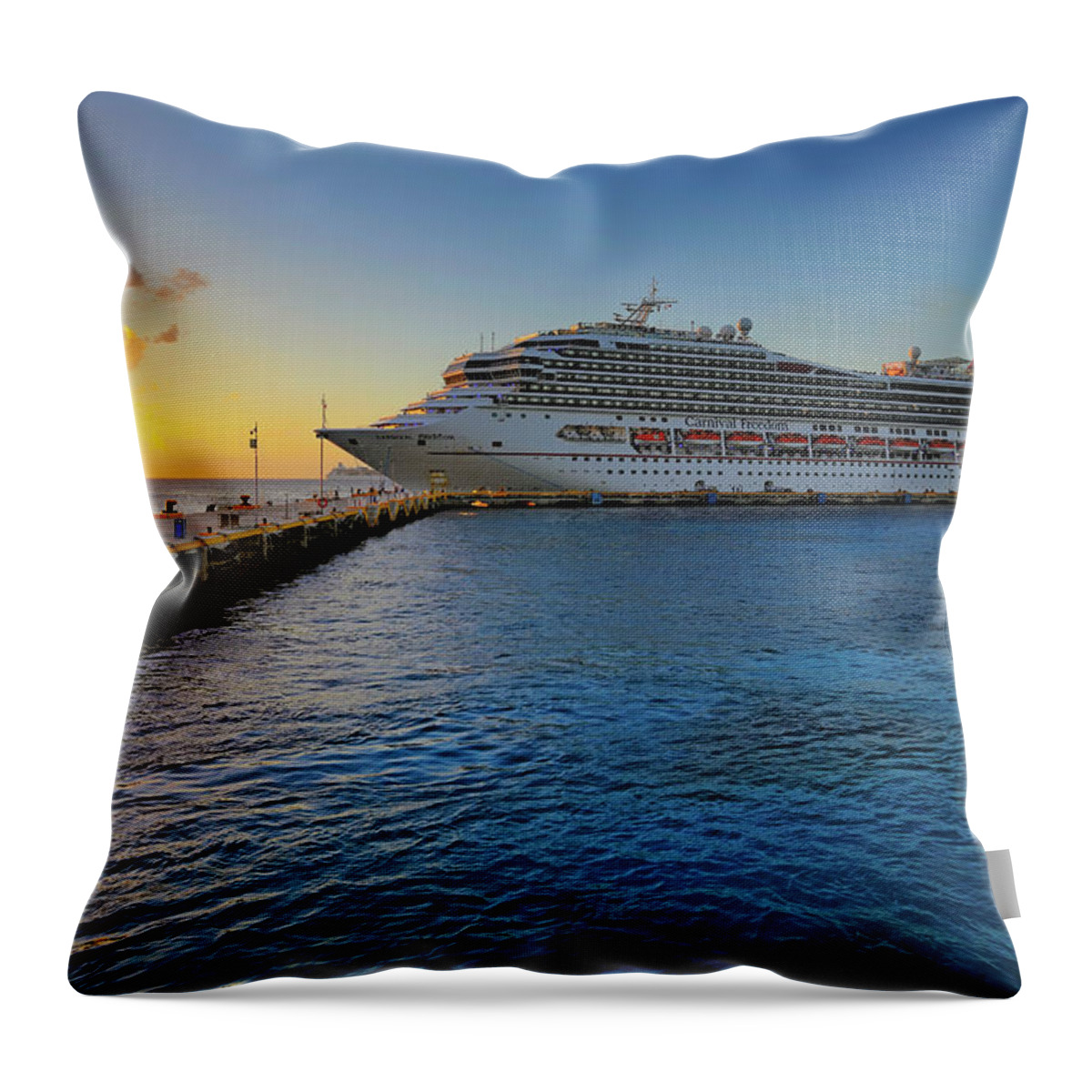 Carnival Freedom Throw Pillow featuring the photograph The Carnival Freedom at Sunset - Cozumel - Mexico by Jason Politte