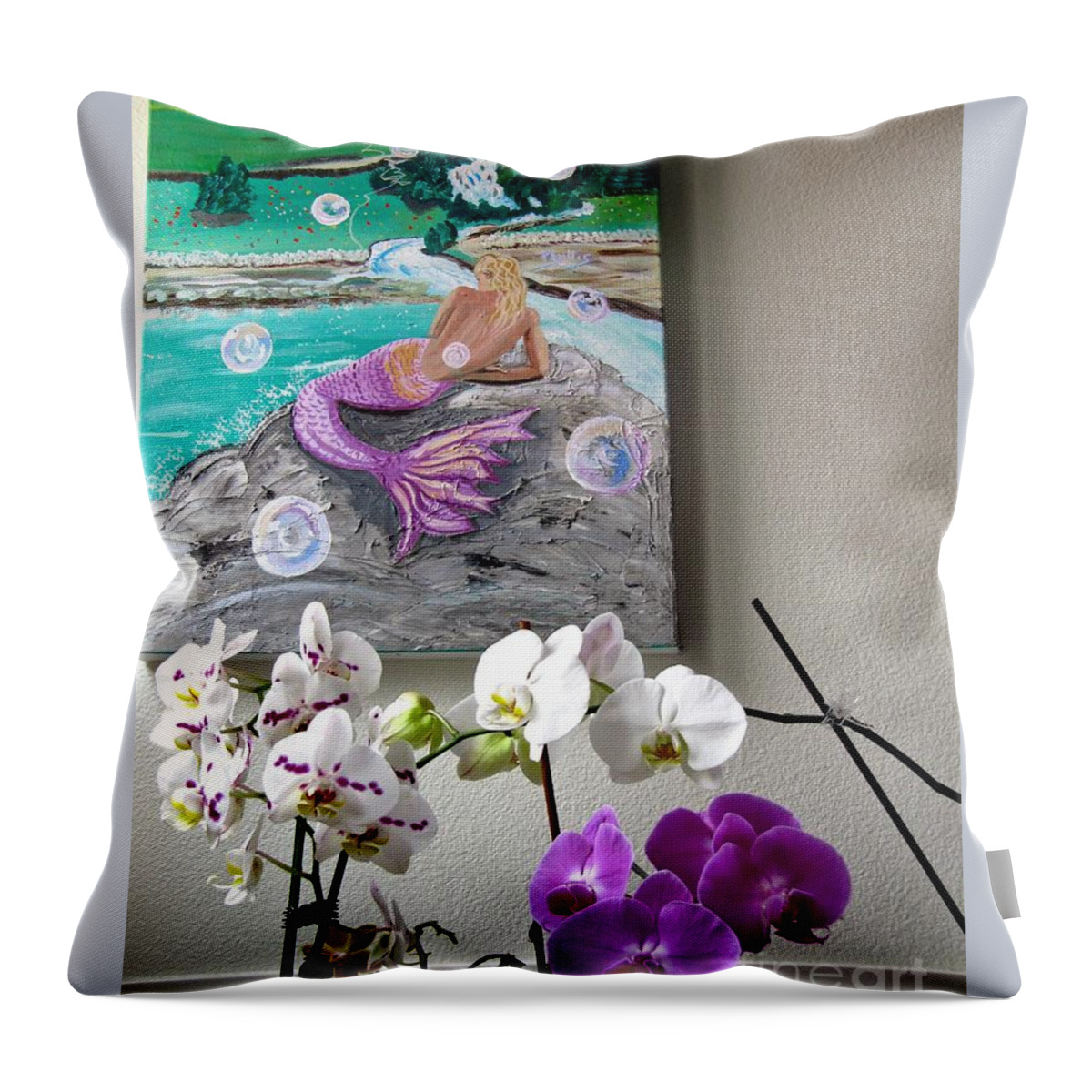 June Throw Pillow featuring the photograph The Castle, Mermaid, and present Orchids by Phyllis Kaltenbach