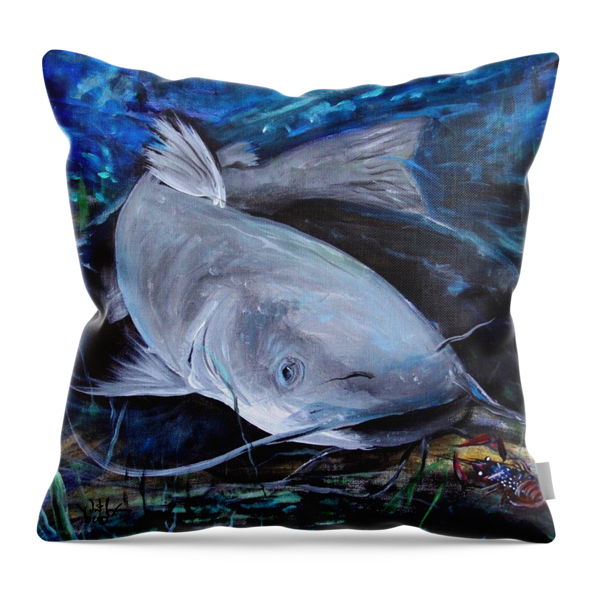 Crayfish Throw Pillow featuring the painting The Catfish and the Crawdad by J Vincent Scarpace