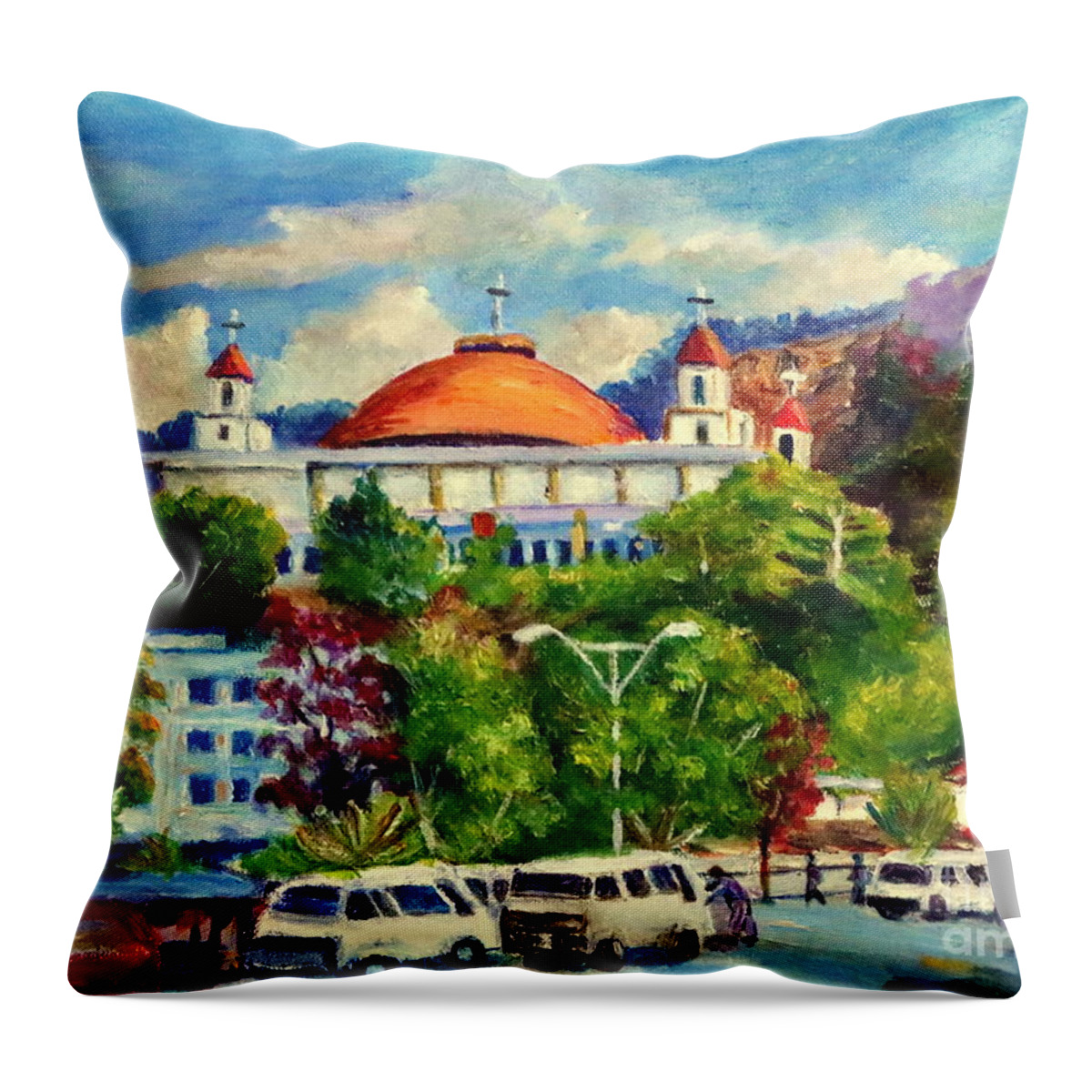 City Throw Pillow featuring the painting The Church and Central Taxi Terminal. by Jason Sentuf