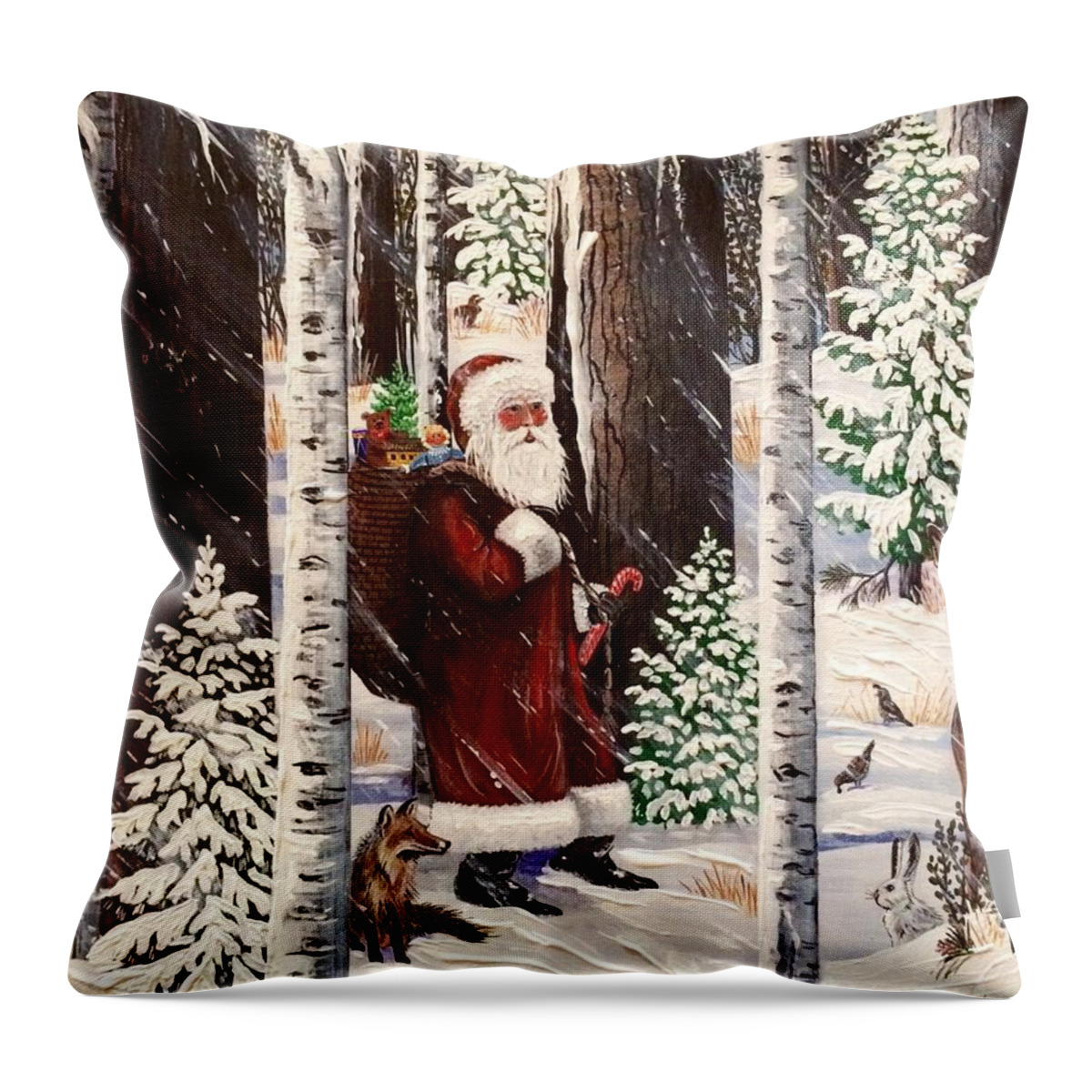 Santa Claus Throw Pillow featuring the painting The Christmas Forest Visitor 2 by Jennifer Lake