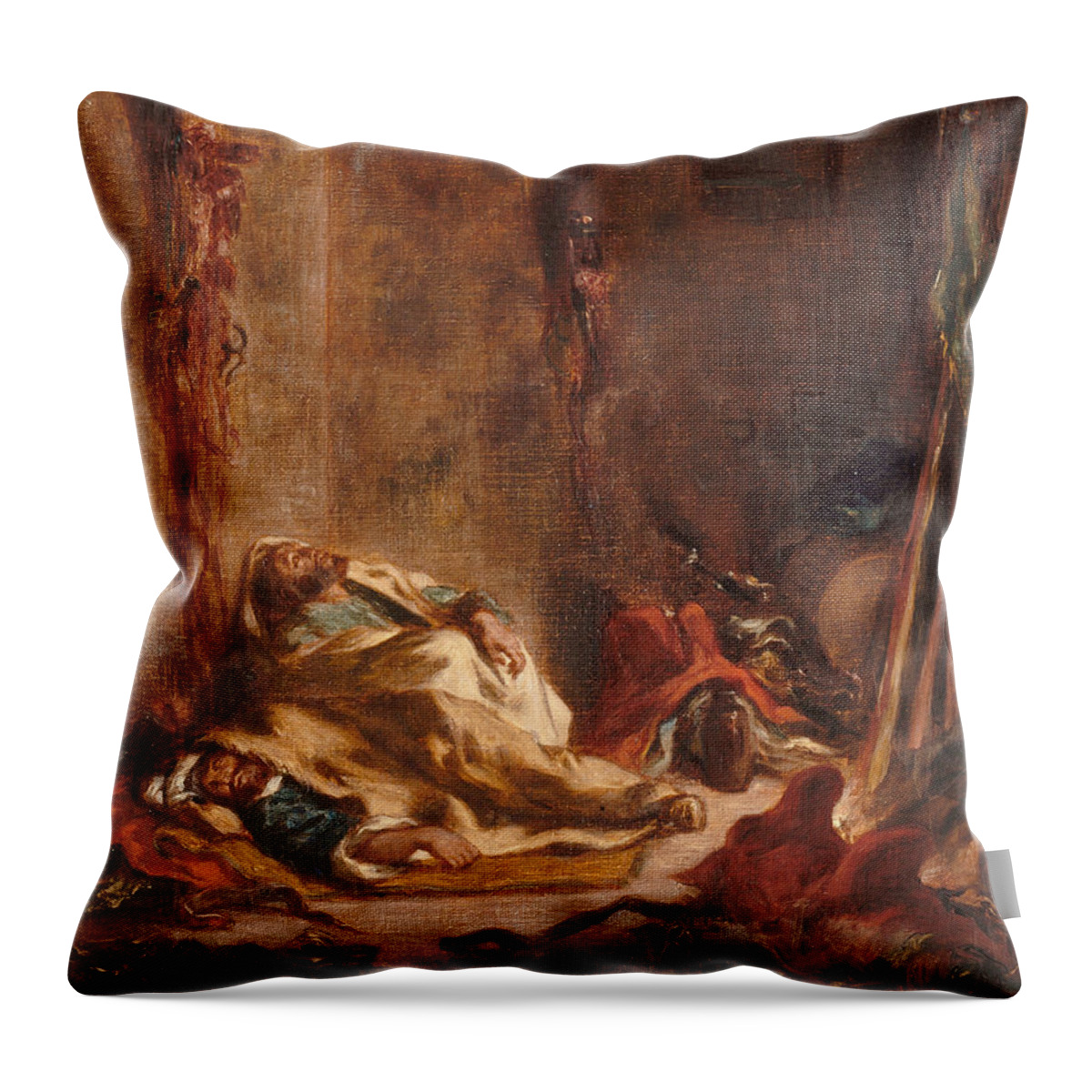 Eugene Delacroix Throw Pillow featuring the painting The corps de garde in Meknes by Eugene Delacroix